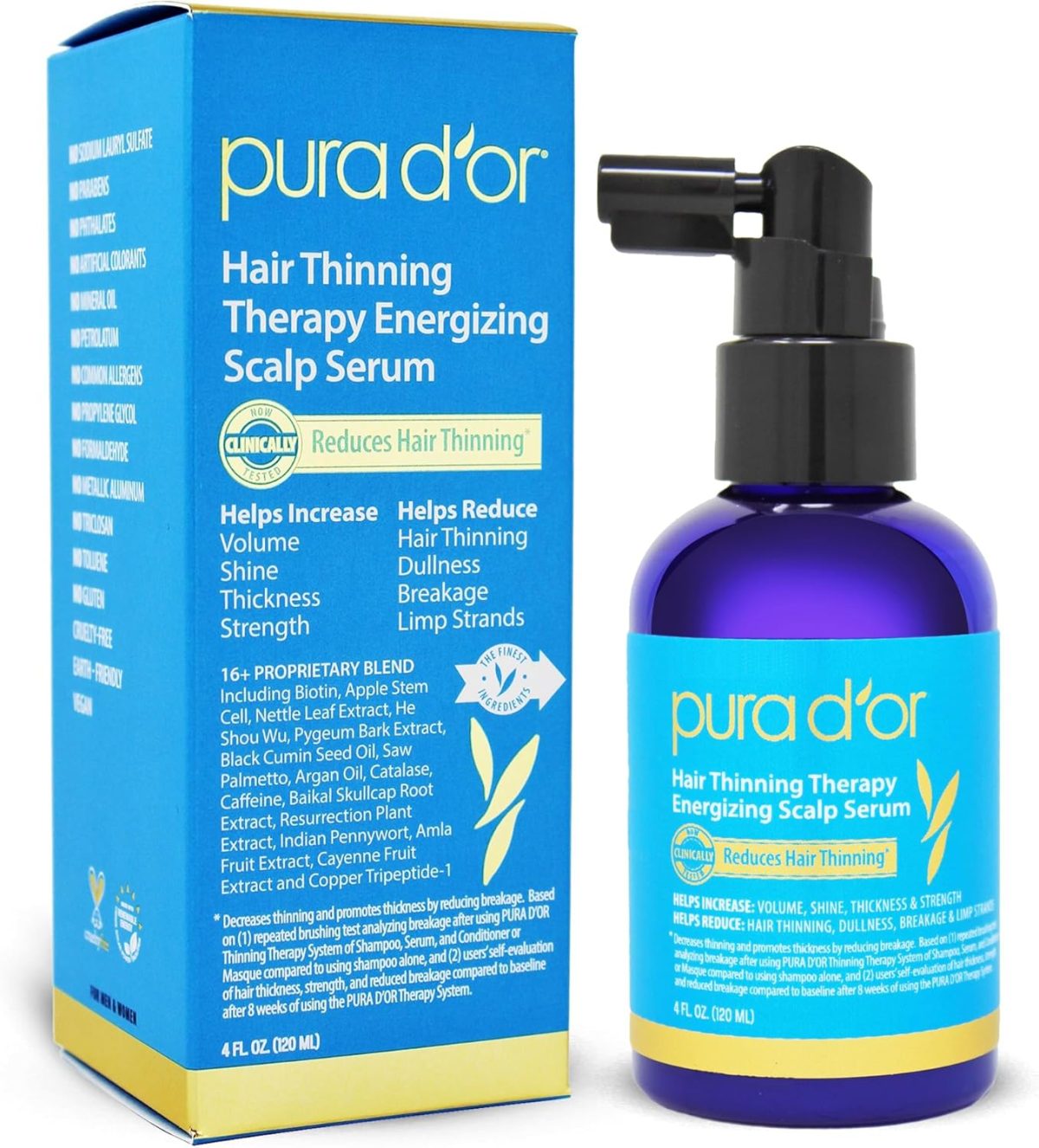 pura d'or Hair Thinning Therapy Energizing Scalp Serum Revitalizer (4oz) with Argan Oil, Biotin, Caffeine, Stem Cell, Catalase & DHT Blockers, All Hair Types, Men & Women (Packaging may vary) (00612)