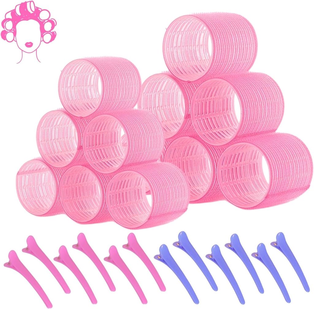 ELAUR 24Pcs Large Hair Rollers Set, 12 Pcs Self Grip Holding Hair Rollers Curlers 50mm, 40mm & 12 Pieces Duckbill Sectioning Clips for Salon Barber Hairdressing, Hair Styling Rollers, Hair Accessories