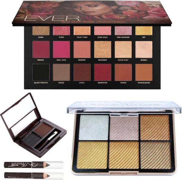 AEENAA Ever Beauty Rose Gold Remastered Eyeshadow Palette Multicolor Makeup Set with 18 Shades, 6-Color Highlighter, and Eyebrow Cake Powder - All-in-One Beauty Kit