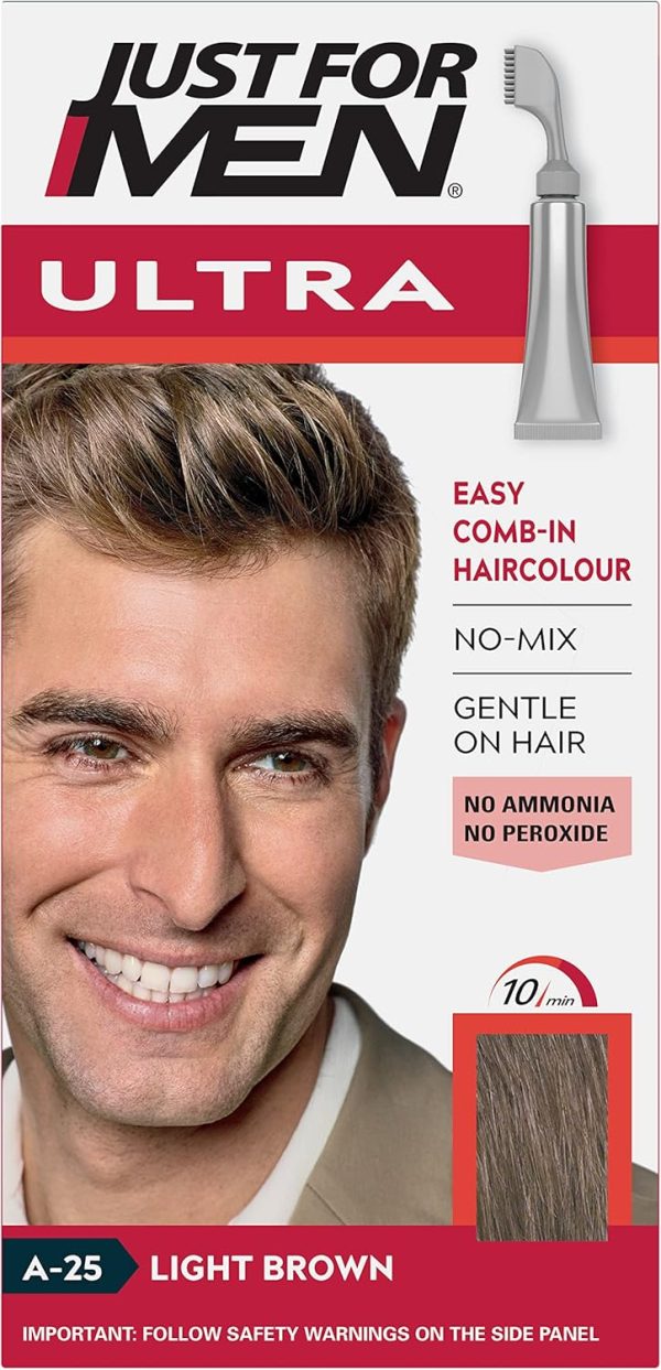 Just For Men Ultra Light Brown Hair Colour Dye, No Mix Comb-In Applicator to Comb Away The Greys, Ammonia & Peroxide Free – A25