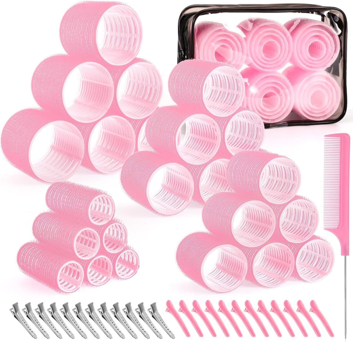 Premify Self-Grip Hair Rollers Set 4 Sizes/50 Pcs with Clips in Pink Color, Jumbo Rollers for Long, Short Hair and Bangs (25mm, 36mm, 48mm, 60mm)