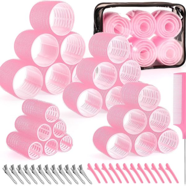 Premify Self-Grip Hair Rollers Set 4 Sizes/50 Pcs with Clips in Pink Color, Jumbo Rollers for Long, Short Hair and Bangs (25mm, 36mm, 48mm, 60mm)