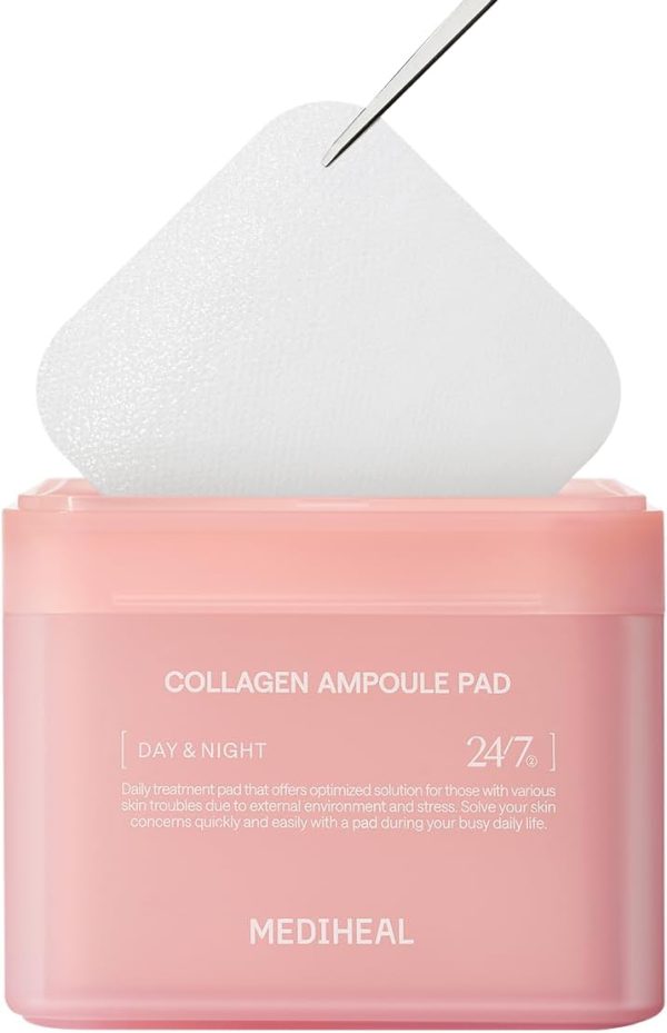 Mediheal Korean Collagen Ampoule Pad 100 Pads | Vegan Collagen & Ceramide Skin Firming Toner Pads for Wrinkle Reduction & Elasticity Restoration | Anti-Aging Face Pads