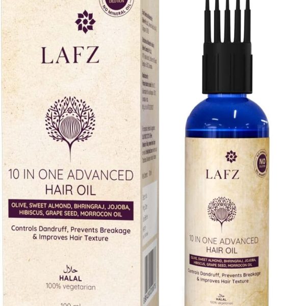 Lafz 10-In-1 Advanced Hair Oil. A Blend Of 10 Magical Oils. Made With 98% Natural Oils. Reduces Hair Fall, Breakage. Stronger Roots. Controls Dandruff. Adds Lustre & Reduces Split Ends. 100 Ml