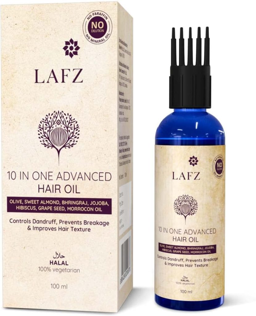 Lafz 10-In-1 Advanced Hair Oil. A Blend Of 10 Magical Oils. Made With 98% Natural Oils. Reduces Hair Fall, Breakage. Stronger Roots. Controls Dandruff. Adds Lustre & Reduces Split Ends. 100 Ml