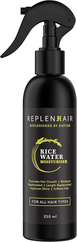 Replenhair Rice Water Organic Hair Growth Spray - Leave In Conditioner Infused with Peppermint Oil & Essential Oil for Hair Growth, Moisturiser Spray Bottle for Hair Fall & Dandruff, 250ml