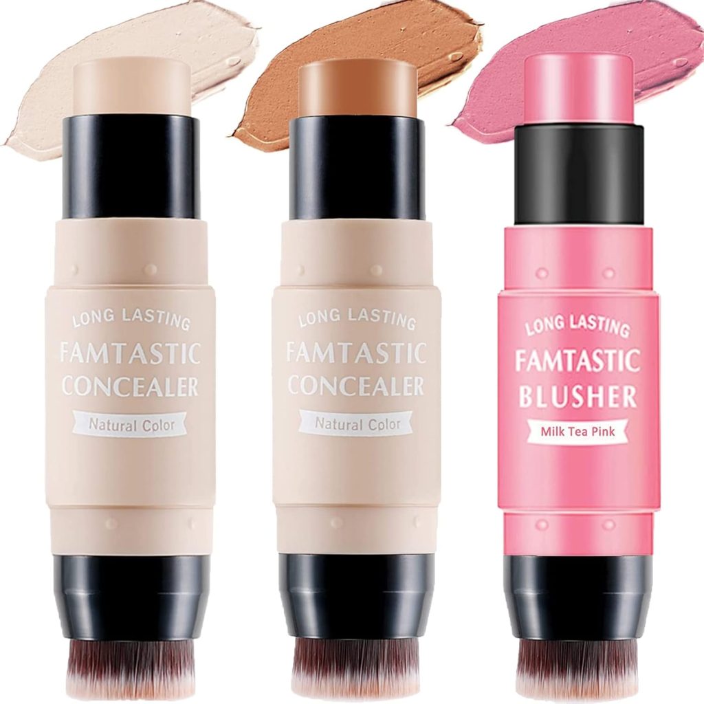 Petansy 3 Pcs Contour Highlighter Blush Sticks with Brush, Shades with Highlighter & Bronzer Pen & Cream Blush, Waterproof, Longwear Makeup