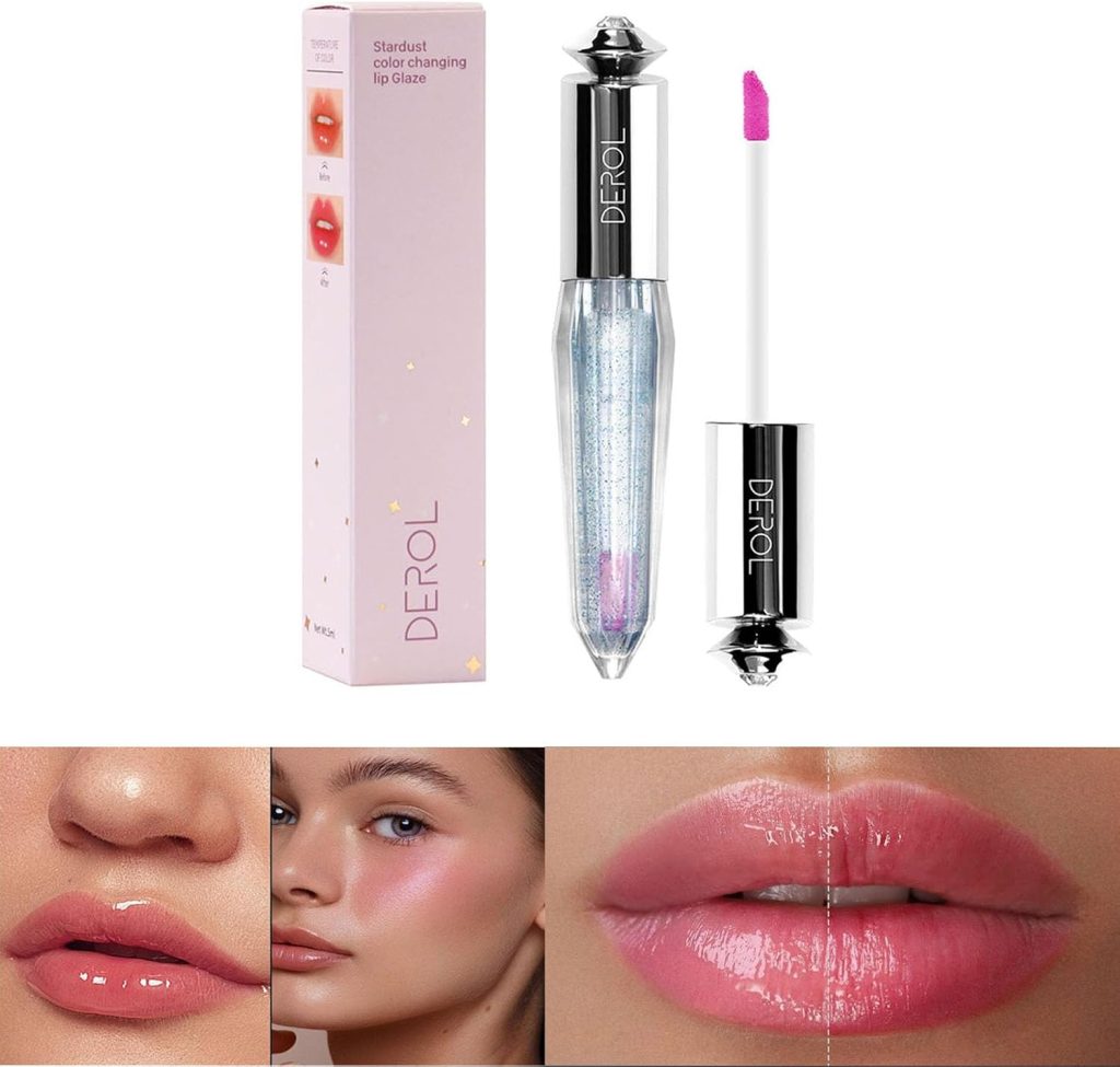 DEROL Lip Gloss Color Changing lips Oil Liquid Lipstick Long Lasting Hydrating Temperature Change With Hyaluronic Acid Light High Shine Finish For Plumper Moisturizing Non Sticky Glitter Shimmer