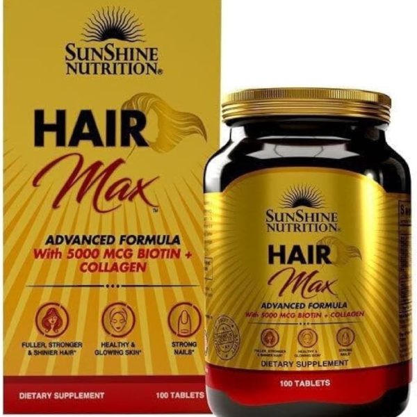 Sunshine Nutrition Hair Max Advanced Formula with 5000 mcg Biotin & Collagen | 100 Tablets | Fuller, Stronger & Shinier Hair | Healthy & Glowing Skin | Strong Nails