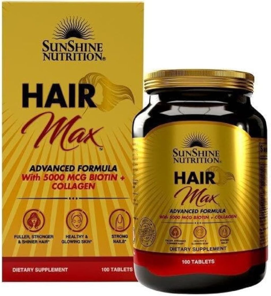 Sunshine Nutrition Hair Max Advanced Formula with 5000 mcg Biotin & Collagen | 100 Tablets | Fuller, Stronger & Shinier Hair | Healthy & Glowing Skin | Strong Nails