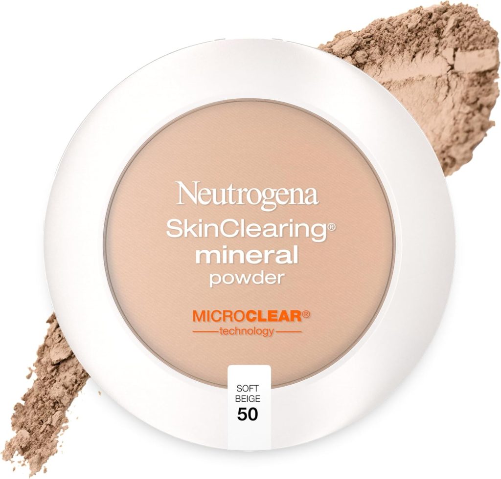 Neutrogena SkinClearing Mineral Acne-Concealing Pressed Powder Compact, Shine-Free & Oil-Absorbing Makeup with Salicylic Acid to Cover, Treat & Prevent Breakouts, Soft Beige 50,.38 oz