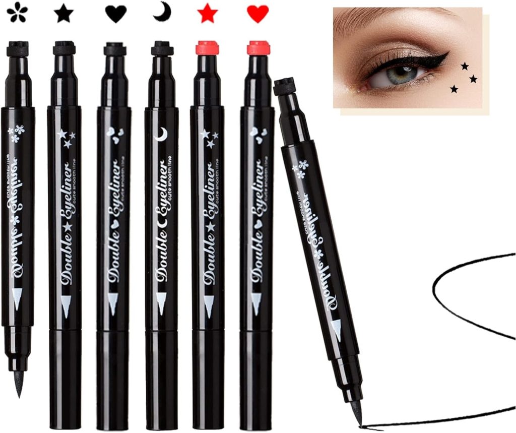 Excefore Liquid Eyeliner Stamp Set,6 Pcs Double-sided Liquid Stamp Eyeliner Pen Smudgeproof Long Lasting Seal Eyeliner Waterproof Eyeliner Pen Star Moon Heart Flower Eye Stamp for Mom Women Gift