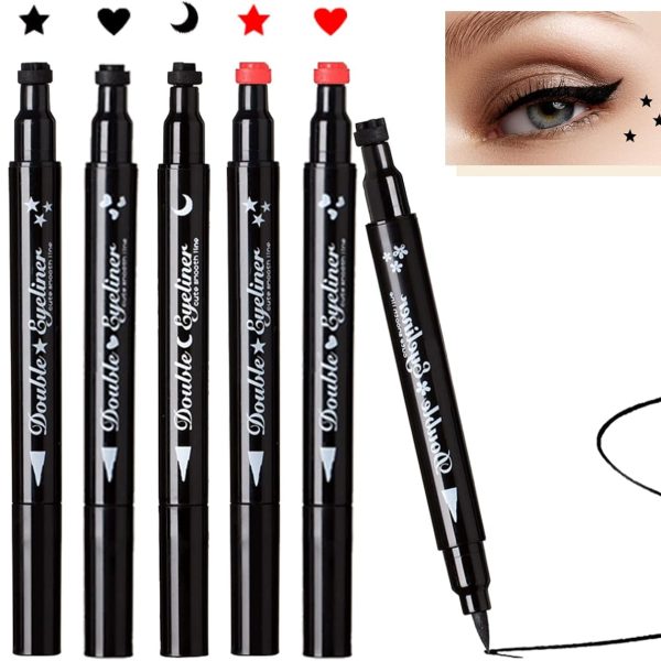 Excefore Liquid Eyeliner Stamp Set,6 Pcs Double-sided Liquid Stamp Eyeliner Pen Smudgeproof Long Lasting Seal Eyeliner Waterproof Eyeliner Pen Star Moon Heart Flower Eye Stamp for Mom Women Gift