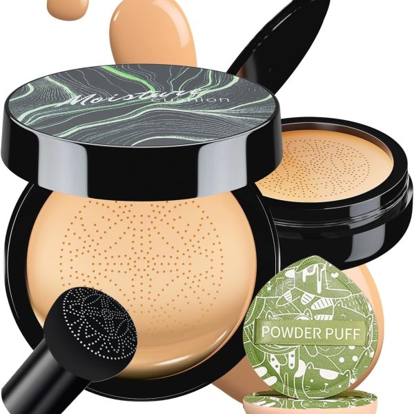 Mushroom Head Air Cushion CC Cream, Long-Lasting Brightening BB Cream Foundation With Powder Puff for Face Makeup and Mature Skin, Moisturizing Full Coverage Self Adjusting Concealer (Buff Beige)