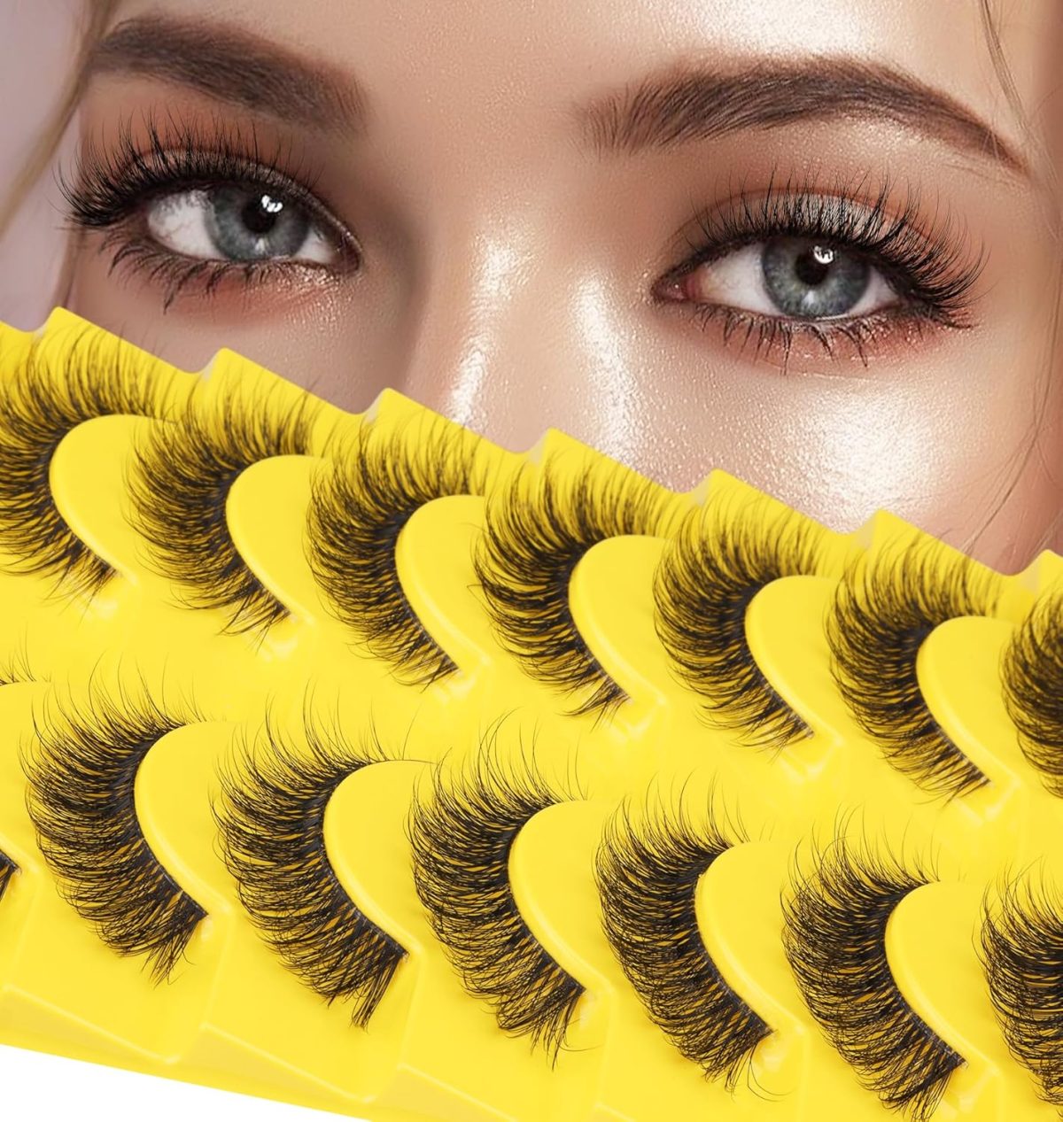 zanlufly False Eyelashes Russian Strip Lashes D Curl Wispy Natural Look Lashes Like Eyelash Extension Fluffy Transparent Band Cat Eye Fake Eyelashes Pack