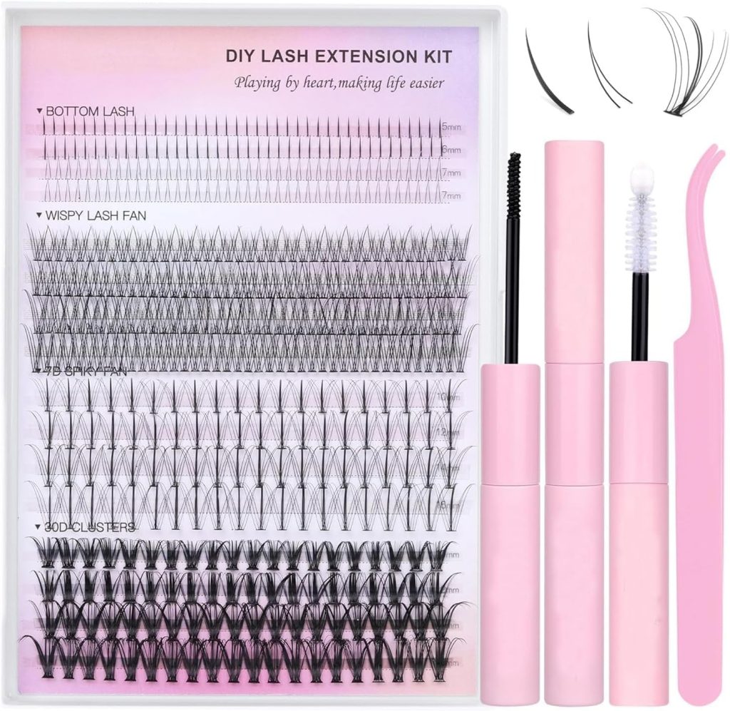 MostNow Lash Clusters Kit Individual Cluster Lash Extension Kit DIY 480PCS Multi-type D Curl Eyelash Extension Kit with Bottom Lashes, Lash Bond and Seal Glue, Lash Applicator at Home