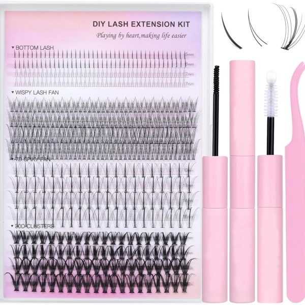 MostNow Lash Clusters Kit Individual Cluster Lash Extension Kit DIY 480PCS Multi-type D Curl Eyelash Extension Kit with Bottom Lashes, Lash Bond and Seal Glue, Lash Applicator at Home